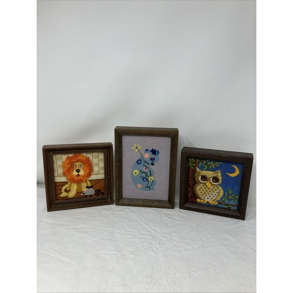 Needlepoint Framed Art Lot 3 Animals Lion Mouse Owl Cottagecore Nursery Small